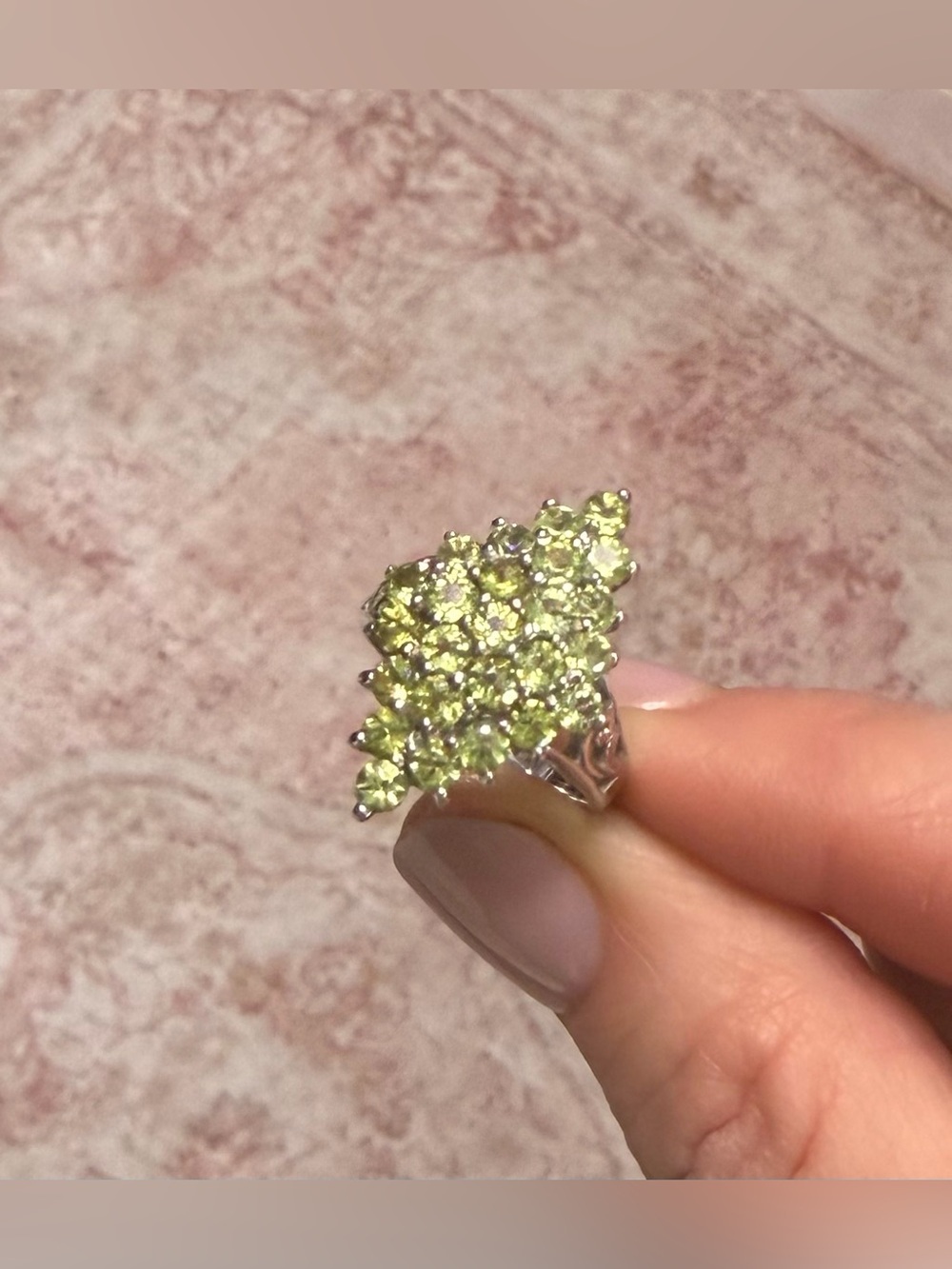 Stunning 3CT Natural Green Peridot Cluster 14K Gold over 925 Sterling Ring Sz 7 - Picture 4 of 14